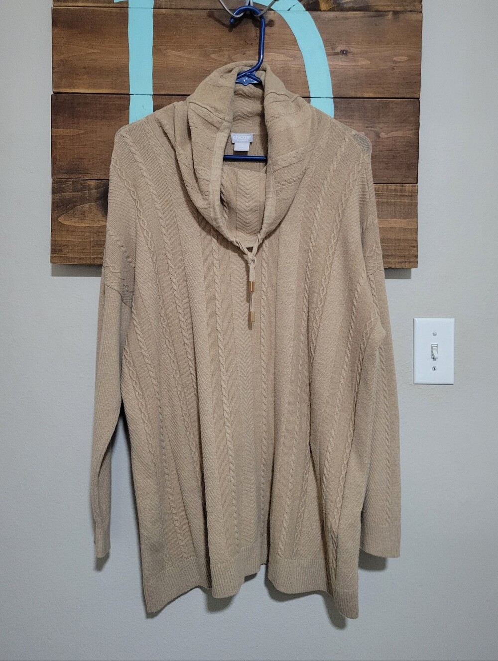 Chico's Coastal Grandma Tan Cable-Knit  Cowl Neck Lightweight Sweater Size 3(xl)